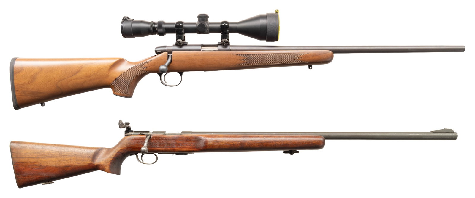 REMINGTON 504 & 513-T BOLT ACTION RIMFIRE RIFLES.: ALL: Cal. 22 LR.1) MODEL 504. S# 50405340. Bbl. 21". Simmons 3-9x50 duplex scope w/ scope caps. Checkered hardwood stock w/ black pad. MAGS: 1 - 6 rd. CONDITION: near excellent wood & metal finish wit