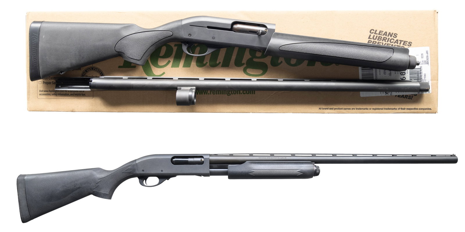 REMINGTON 11-87 & 870 SHOTGUNS.: 1) 11-87 SPORTSMAN SEMI AUTO SHOTGUN. Cal. 12 Ga. 3". S# RS10922X. Bbl. 28" with VR & Close Range choke. Silver bead front sight. Matte gray finish. Black synthetic pistol grip stock set with bottom m
