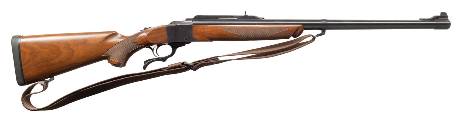 458 LOTT, RUGER NO.1-H TROPICAL SINGLE SHOT RIFLE.: Cal. 458 Lott. S# 134-00534 (mfg. 2004). The .458 Lott cartridge was developed 1971 for Dangerous Game hunting. The Heavy 24" bbl. has Warning marks. Lyman type adj. folding leaf rear sight on quarter