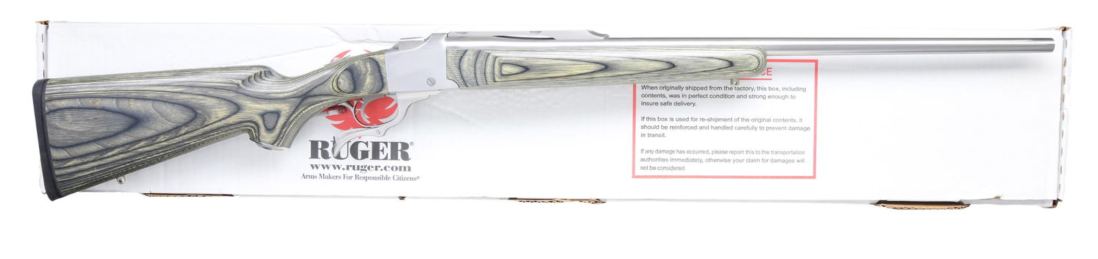 300 WIN. MAG. RUGER NO. 1 STAINLESS LAMINATE: SINGLE SHOT RIFLE WITH MATCHING FACTORY BOX. Cal. 300 Win Mag. S# 134-33716. Shipped 2011 as Catalog No. K1-B-BBZ / Model 01396. The rifle features a 26-inch stainless steel barrel with quarter rib; n