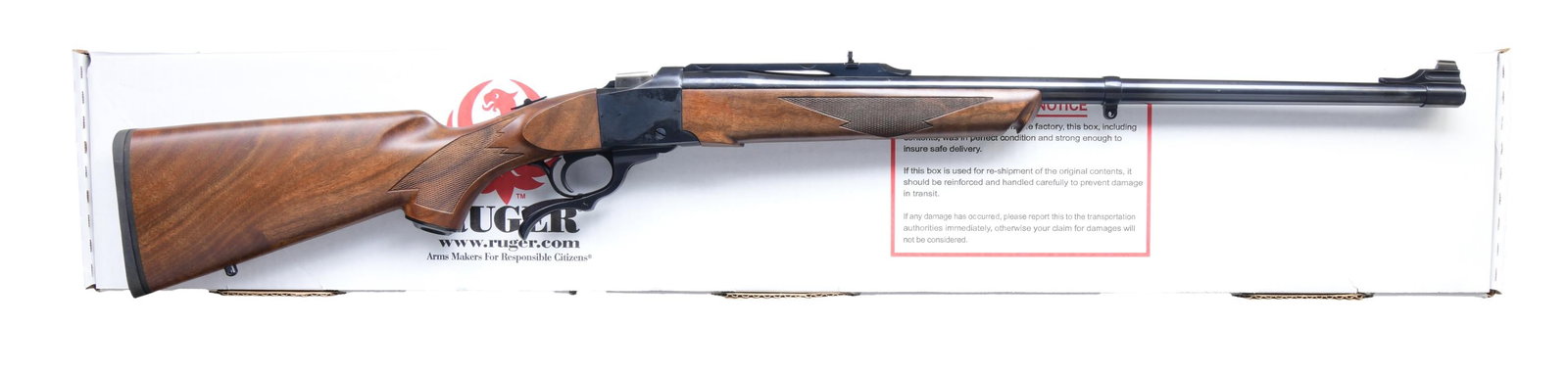30-06 RUGER NO. 1-S SINGLE SHOT RIFLE WITH: MATCHING FACTORY BOX. Cal. 30-06. S# 134-42963 Mfg. 2015 as Model 11387. The rifle features a blued finish on the receiver and a 24-inch round barrel. It is equipped with a bead front sight and an adj