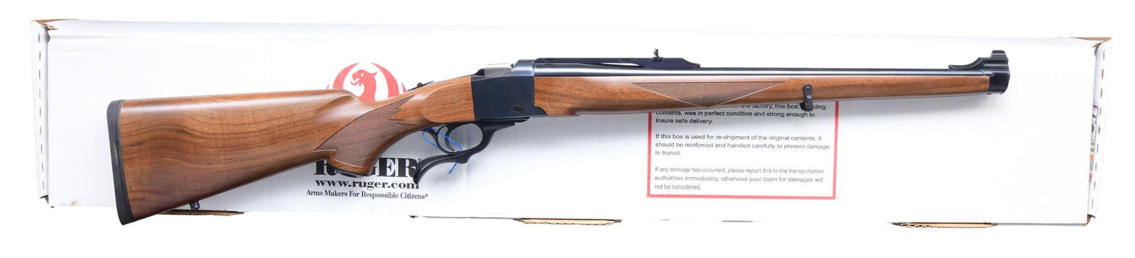 300 RCM RUGER NO. 1 RSI SINGLE SHOT RIFLE WITH: MATCHING FACTORY BOX. Cal. 300 RCM. S# 134-34886. Shipped 2011 as Model 11361. The rifle features a blued finish with a 20-inch barrel with quarter rib. The front sight is a ramp-mounted bead, and the