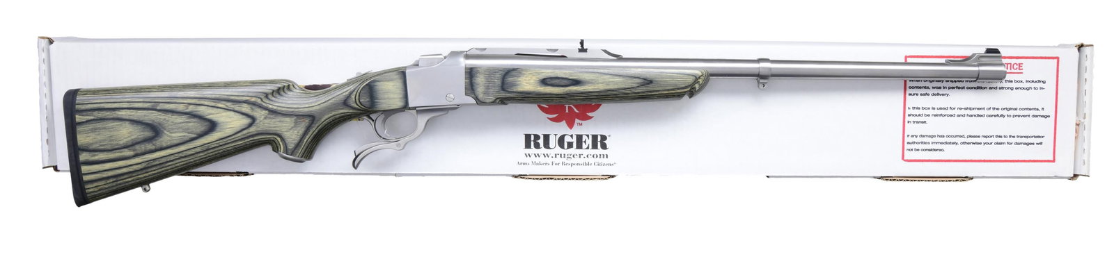 416 RIGBY RUGER NO. 1 STAINLESS LAMINATE SINGLE: SHOT RIFLE WITH MATCHING FACTORY BOX. Cal. 416 Ruger. S# 134-27731. Mfg. 2009 as Model 11339 / Catalog No. K1-H-BBZ. The rifle features a 24-inch stainless steel barrel, equipped with a bead front sig