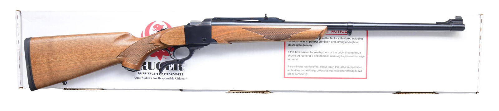 30-06 RUGER NO. 1-S SINGLE-SHOT RIFLE WITH: MATCHING BOX. Cal. 30-06. S# 132-45649. Mfg. 1984 as Model 11387. The rifle features a 24-inch blued barrel, equipped with a bead front sight and a flip-up rear sight on a quarter rib. The frame has a