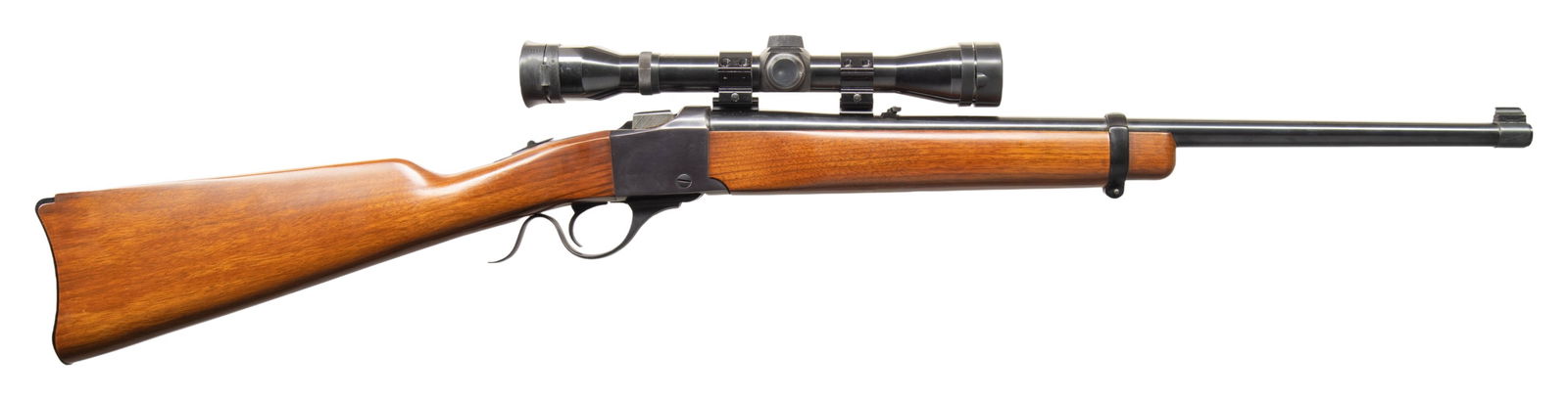223 REM. RUGER NO. 3 RIFLE WITH WEAVER K4 SCOPE.: Cal. .223 Rem. S# 132-16988 (Mfg. 1985). The 22" bbl. is fitted w/ Weaver bases holding Weaver K4-W duplex scope. Band mounted gold bead front sight & Lyman type adj. folding leaf rear sight. Smooth w