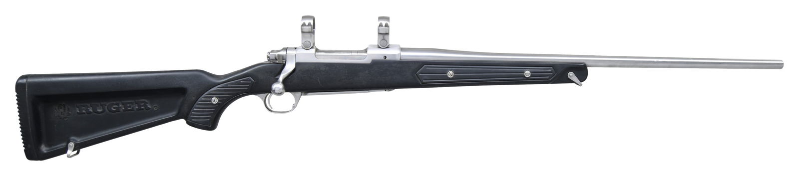 22-250, "BOAT-PADDLE" RUGER MODEL 77 MARK II ALL: WEATHER STAINLESS BOLT ACTION RIFLE. Cal. .22-250. S# 784-31828. Mfg. 1996 as Catalog #KM77RFP; Model 7898. Distinctive "Boat-paddle" Du-Pont Zytel stock with stainless sling swivels, grooved grip pan