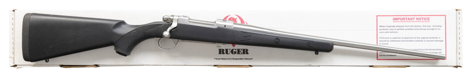 NEAR NEW, 300 WSM. RUGER MODEL 77 MARK II ALL: WEATHER STAINLESS BOLT ACTION RIFLE W/ MATCHING FACTORY BOX. Cal. 300 WSM. S# 790-59036. Mfg. 2004 as Catalog # KM77RFP MKII; Model 17814. Bbl. 22". Stainless steel finish. Short action w/ integral ri