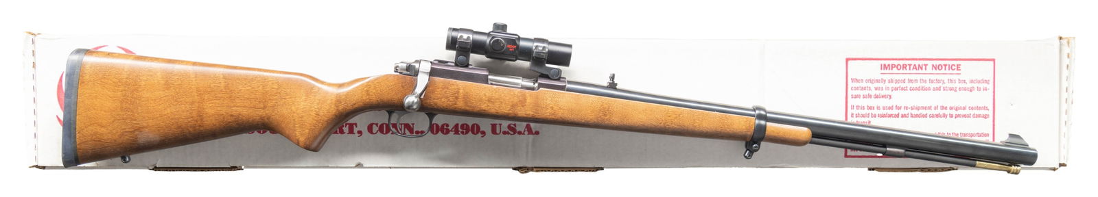 RUGER MODEL 77/50RS MUZZLELOADING BOLT ACTION: RIFLE. Cal. 50. S# 730-00381. Bbl. 22" round (1 in 28" twist) with dovetailed brass bead front sight; folding leaf rear. Mfg. 1997 (1997-2004; approx. 20,000 units) with blued finish utilizing basic M