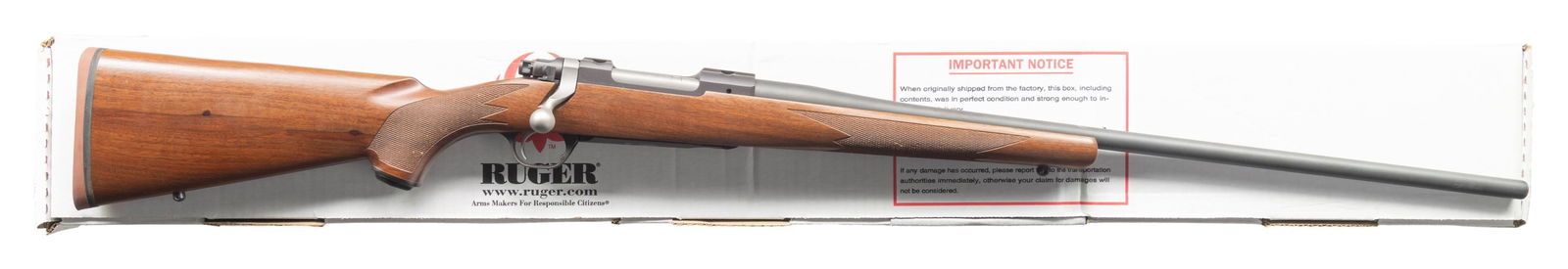 NEAR EXC., 6.5 CREEDMOOR RUGER MODEL 77 HAWKEYE: BOLT ACTION RIFLE WITH MATCHING FACTORY BOX.Cal. 6.5 Creedmoor. S# 710-85092. Shipped 2009 as Catalog # HM77R; Model 17168. Bbl. 24". Matte alloy finish. Control feed action w/ claw extractor,