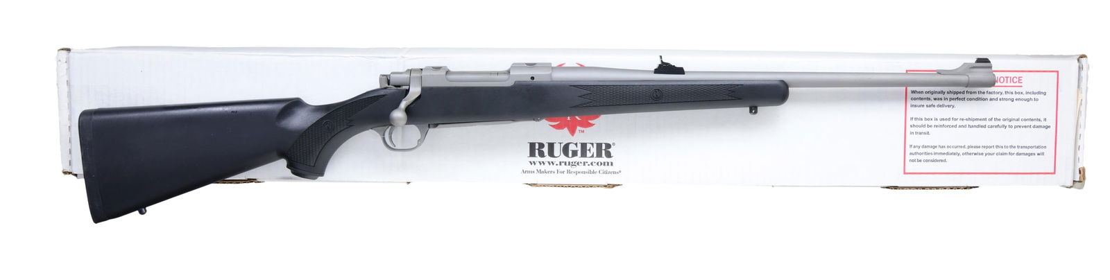 RUGER HAWKEYE COMPACT MAGNUM BOLT ACTION RIFLE: WITH MATCHING FACTORY BOX. Cal. .300 RCM. S# 711-47471. Shipped 2012 as Model 07191 / Catalog No. HKM77PRCM. The rifle features a 20-inch matte stainless steel barrel with a matching matte stainless