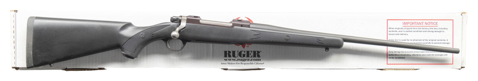 NEAR EXC., 280 REM. RUGER MODEL 77 HAWKEYE BOLT: ACTION RIFLE WITH MATCHING FACTORY BOX. Cal. 280 Rem. S# 711-72092. Shipped 2013 as Catalog # HKM77RFP; Model 47111. Bbl. 22". Matte blued finish. Control feed action w/ claw extractor, integral ring