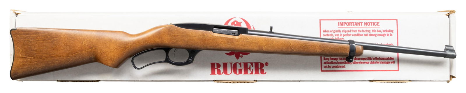 NEAR EXC., 1ST YEAR RUGER MODEL NINETY-SIX LEVER: ACTION RIFLE WITH MATCHING FACTORY BOX. Cal. 22 LR. S# 620-02041. Mfg. 1996 as Catalog # 96/22; Model 6201. Bbl. 18.5". Gold bead front sight & folding leaf rear sight. D&T receiver has cocking