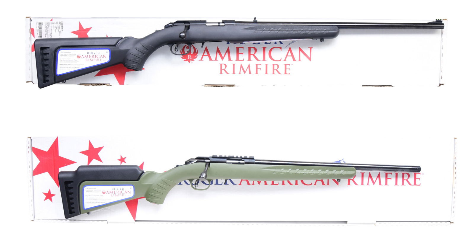 2 RUGER AMERICAN RIMFIRE BOLT ACTION RIFLES.: 1) DISTRIBUTOR EXCLUSIVE WITH MATCHING BOX. Cal. 22 LR. S# 833-21948. Mfg. 2015 as Model 08334. Matte black finish. Bbl. 18". Olive green synthetic stock with integrated black recoil pad. UNATTACHED