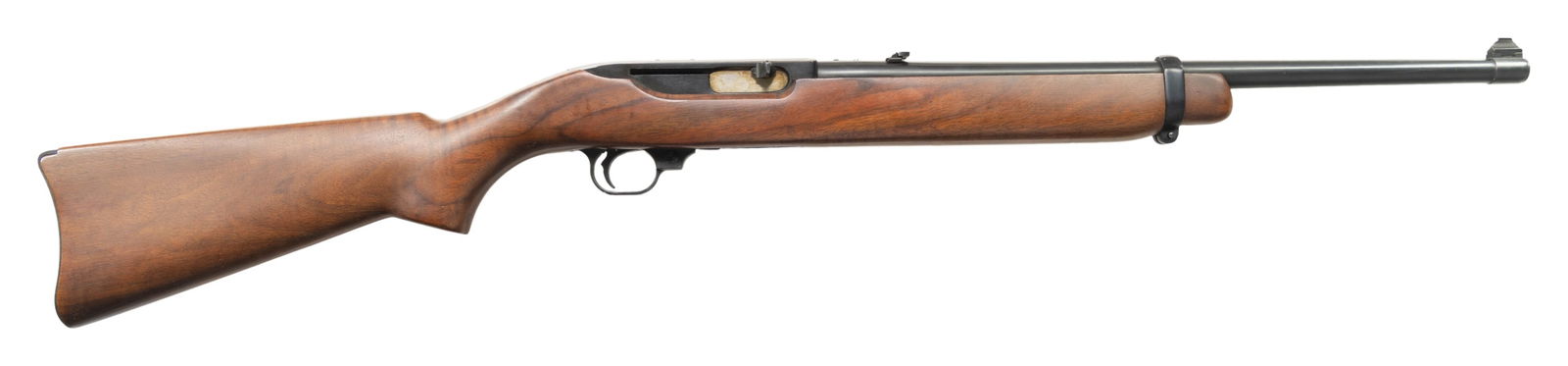 RUGER MODEL 44 STANDARD AUTO-LOADING CARBINE.: Cal. 44 Mag. S# 126915. Bbl. 18 1/2". Band mounted bead front sight with folding leaf rear sight. Band fastened nicely grained walnut stock with aluminum carbine buttplate. Mfg. 1959-1985. CONDITION: