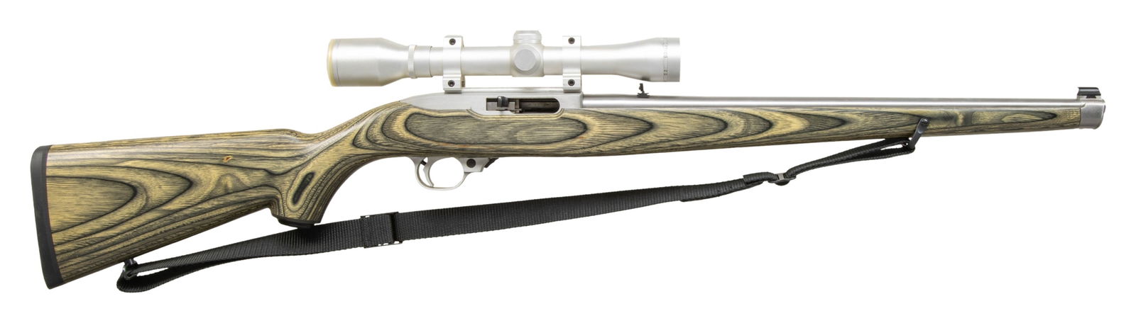 RUGER STAINLESS MODEL 10/22 MANNLICHER SEMI-AUTO: CARBINE. Cal. 22 LR. S# 241-94215. Bbl. 18 1/2" with banded blued brass bead front sight and folding leaf rear. Shipped 1995 (1964 to date for all 10/22's) as Stainless Model 01132 (K10/22RBIBBZ)
