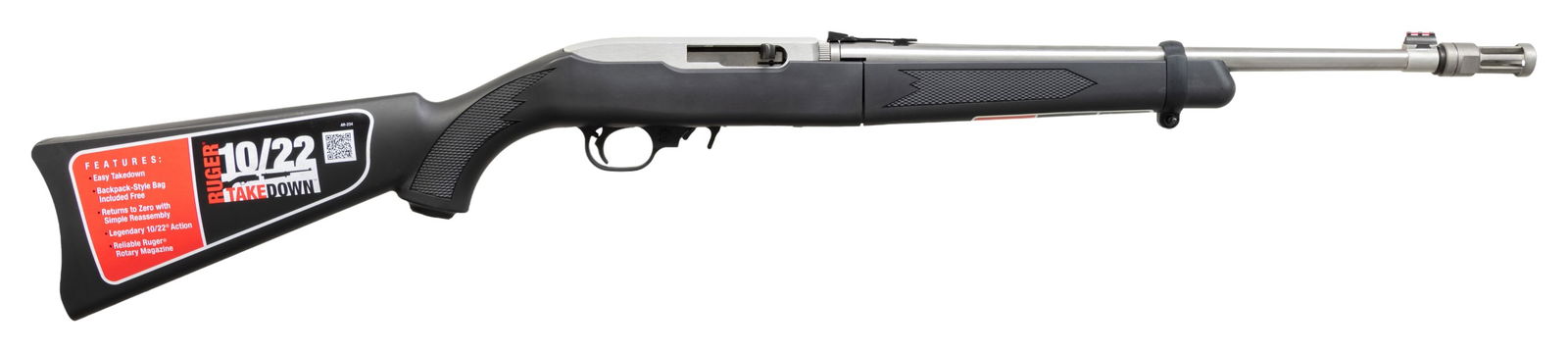 NEAR NEW, DAVIDSON'S SPECIAL RUGER 10/22 TAKEDOWN: STAINLESS TACTICAL SEMI AUTO CARBINE WITH MATCHING FACTORY BOX & SOFT CASE. Cal. 22 LR. S# 823-18098. Mfg. 2013 as Catalog # K10/22-TDT; Model 11125. Bbl. 18.5" w/ flash hider. Hi-Viz sights. D&T