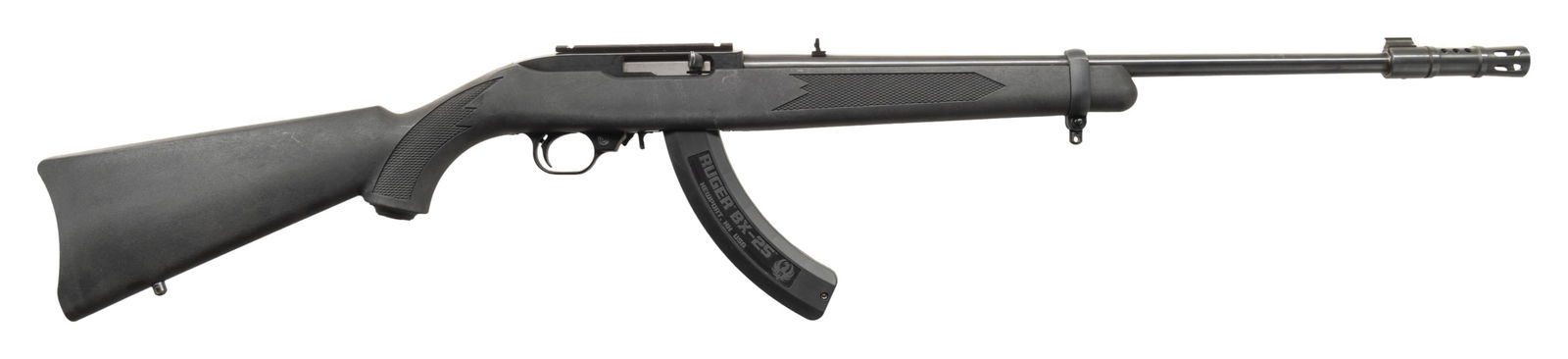 RUGER MODEL 10/22 SEMI-AUTO CARBINE WITH EXTRAS.: Cal. 22 LR. S# 124-40164. Bbl. 18 1/2" with factory sights of banded brass bead at front and folding leaf at rear plus aftermarket muzzle brake / flash hider. Mfg. 1983 (1964 to date) as blued model