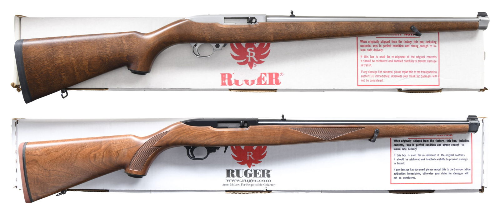 2 NEAR NEW RUGER 10/22 RBI INTERNATIONAL SEMI AUTO: CARBINES WITH MATCHING FACTORY BOXES. ALL: Cal. 22 LR. Bbls. 18.5". Banded mounted gold bead front sights & adj. folding leaf rear sights. Receivers D&T for rails. Forearms have large swivel &
