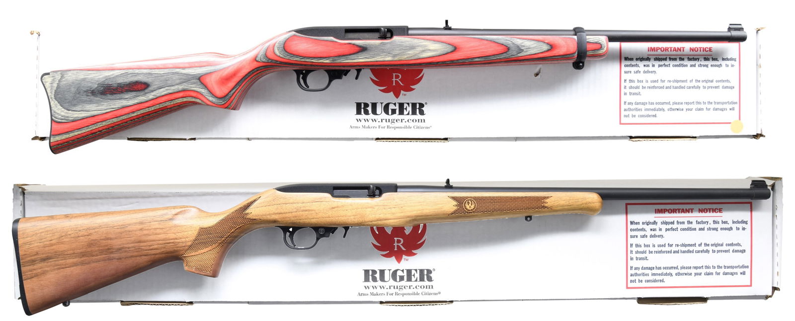 2 RUGER 10/22 SEMI-AUTO RIFLES.: 1) 10/22 WITH MATCHING FACTORY BOX. Cal. 22 LR. S# 354-28507. Bbl. 18 5/8". 10/22 semi-automatic rifle mfg. by Ruger in 2009. Top of bbl. is marked with Ruger's mfg. information. Left side of