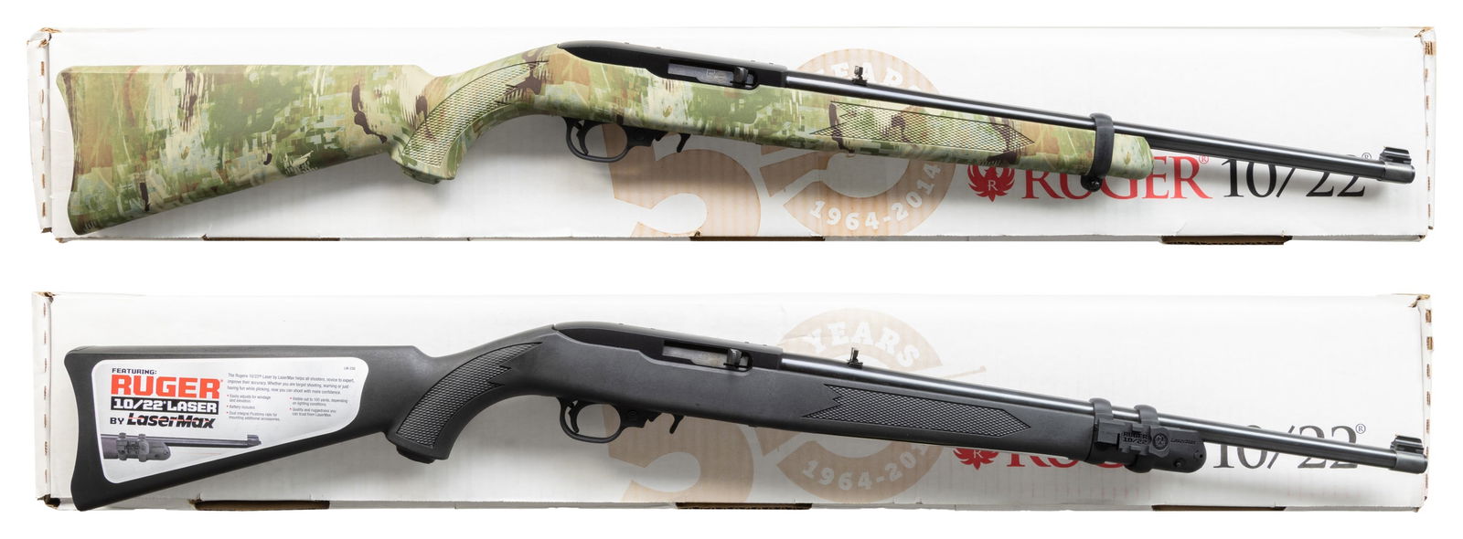 2 NEAR NEW RUGER 10/22 SEMI AUTO CARBINES WITH: MATCHING FACTORY BOXES. ALL: Cal. 22 LR. Bbls. 18.5". Band mounted gold bead front sights & folding adj. rear sights. Receivers D&T for scope bases. Plastic trigger assemblies w/ extended mag.