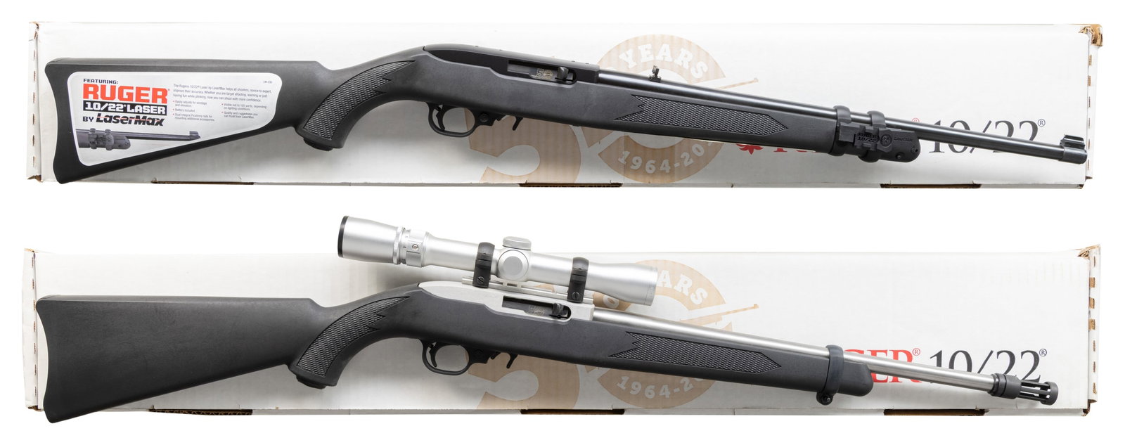 TWO 50TH ANNIVERSARY RUGER 10/22 SEMI AUTO: CARBINES WITH MATCHING FACTORY BOXES. ALL: cal. 22 LR. Plastic trigger assemblies w/ extended mag. releases. Band mounted black synthetic stocks. 1) LASERMAX. S# 829-72829. Mfg. 2013 only, shipped 201