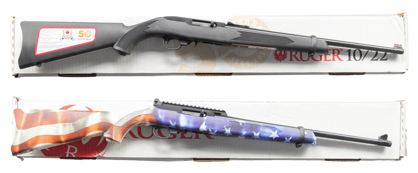 2 NEAR NEW COLLECTOR'S SERIES RUGER 10/22 SEMI: AUTO CARBINES WITH MATCHING FACTORY BOXES. ALL: cal. 22 LR. 1) FIRST SERIES. S# RCS1-19173. Approx. 31,000 Mfg. 2014-2015 as Catalog # 10/22-RCS-2; Model 21104. Bbl. 18.5". Hi-Viz sights. Receiver D&T