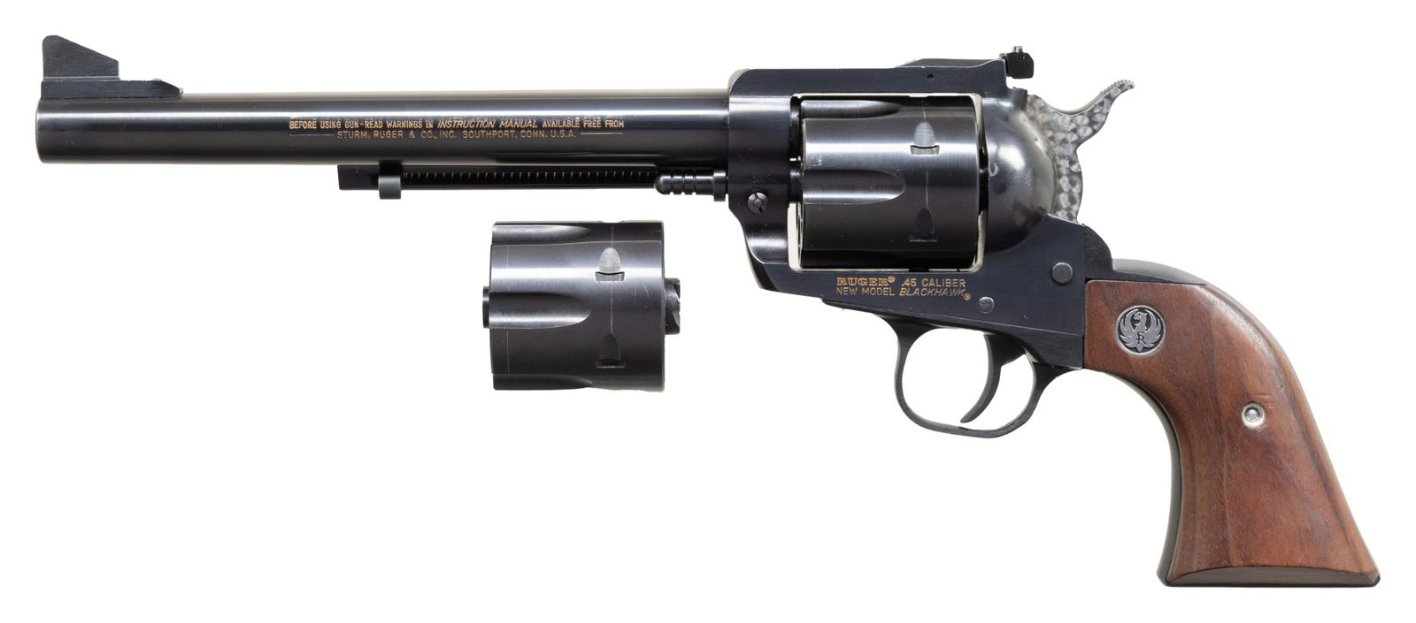 RUGER NM 45 BLACKHAWK CONVERTIBLE SA REVOLVER.: Cal. 45 LC / 45 ACP. S# 46-69156. Bbl. 7 1/2" with ramped base having ramped serrated blade front sight; frame mounted factory adjustable rear sight. Mfg. 1981 (1973 to date) as blued BN45X having all