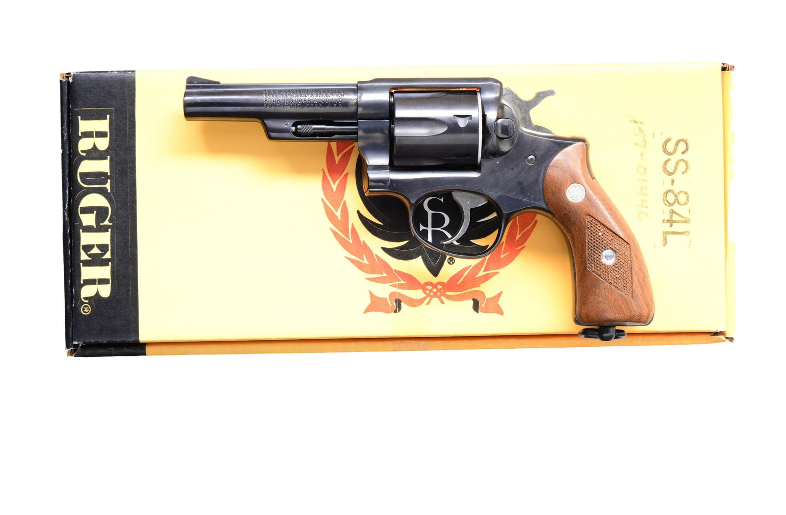 RUGER SPEED-SIX MILITARY MODEL DA REVOLVER WITH: RUGER BOXES. Cal. .38 Spl. S# 157-01446 Mfg. 1981 as Catalog# SS84-L; overrun from a government contract. Blued finish. Bbl. 4". Fixed front sight, fixed rear sight. Cylinder holds 6 rounds, fluted. C