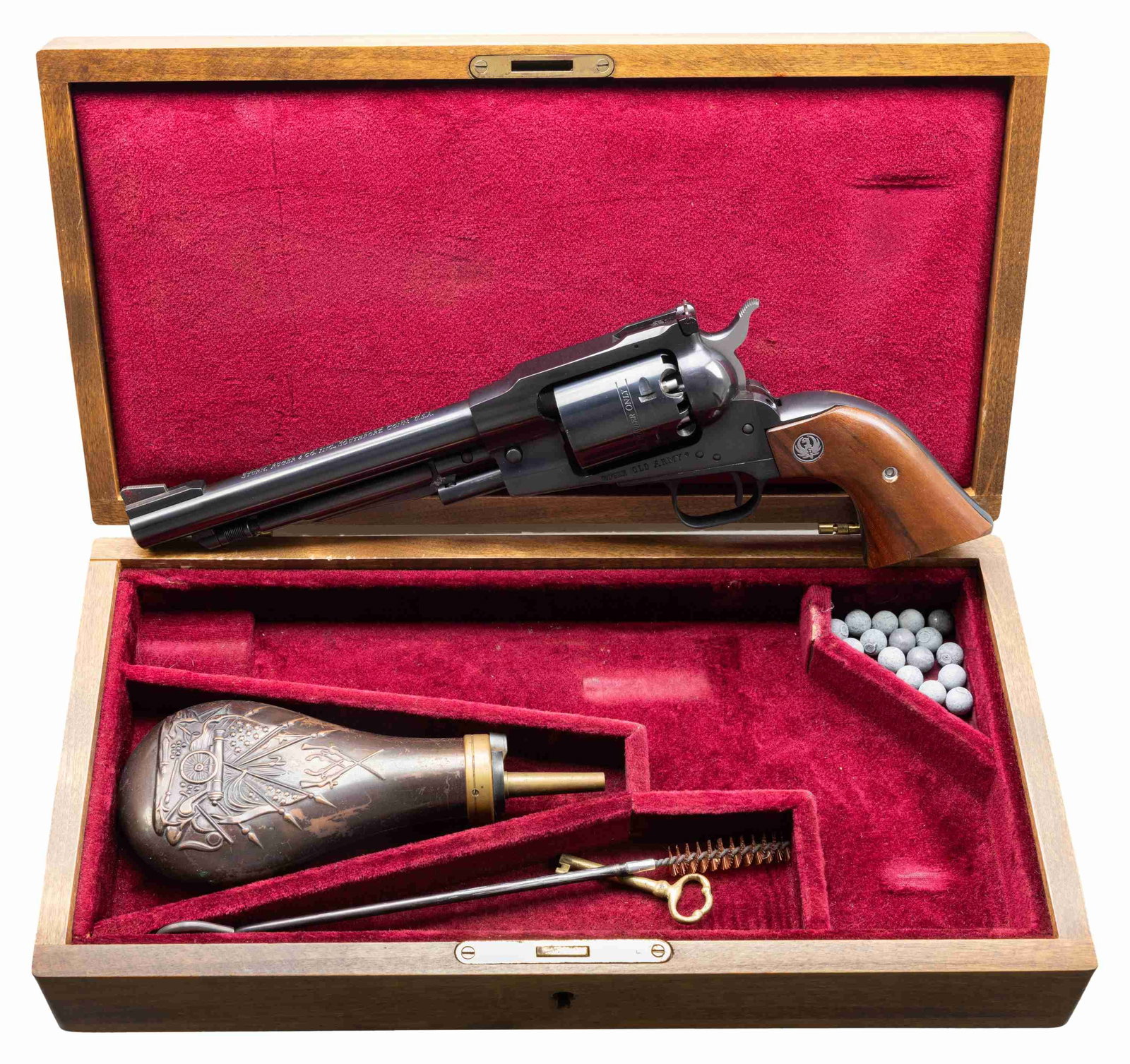 RUGER OLD ARMY REVOLVER WITH CASE & ACCESSORIES.: Cal. .45. S# 145-47651. Bbl. 7 1/2" with ramped base having ramped serrated blade front sight; frame mounted factory adjustable rear sight. Blued model mfg. 1983 (1972-2009) with "warning marks" on ba