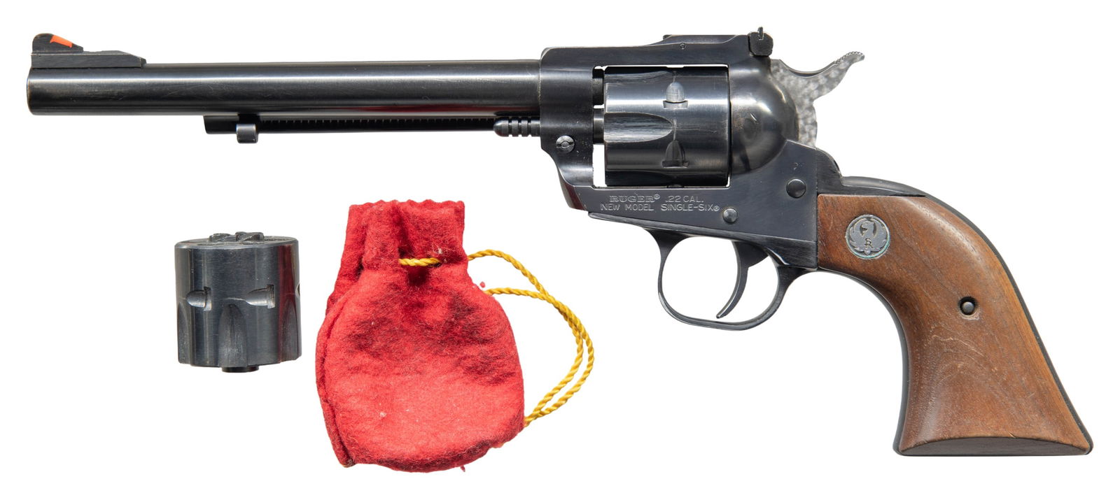 RUGER NM SUPER SINGLE-SIX CONVERTIBLE REVOLVER.: Cal. 22 LR / 22 Mag. S# 62-63624. Bbl. 6 1/2" without "warning marks" (initiated 1978). Mfg. 1974 (1973 to date) with red insert professionally added to standard screw attached ramped serrated blade s