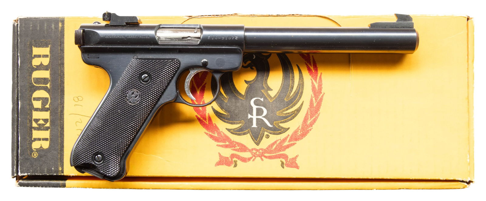 RUGER MARK II GOVERNMENT TARGET MODEL SEMI AUTO: PISTOL WITH RUGER BOX. Cal. 22 LR. S# 210-31072.Mfg. 1984 as Model: MK678G. Government bull 6 7/8" bbl. Blade front sight & adj. rear sight. Blue finish. Black checkered grips with Ruger medallion. MA