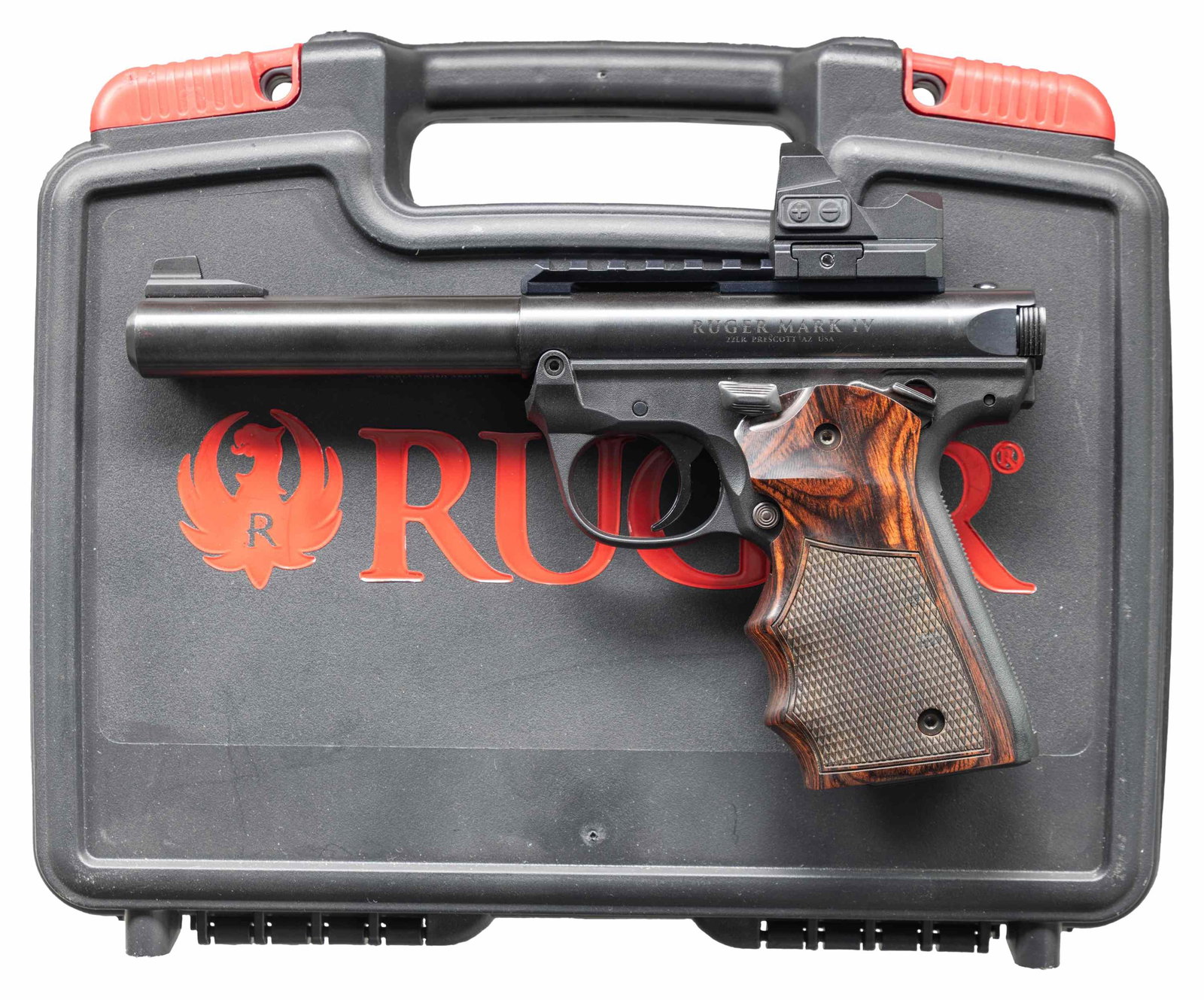 RUGER MARK IV 22/45 SEMI-AUTO PISTOL WITH EXTRAS.: Cal. 22 LR. S# 500272891. Bbl. 5 1/2" cold hammer forged bull with recessed target crown and screw attached square serrated faced front sight. Fitted with Picatinny base having RITON 3 TACTIX PRD 3TPR
