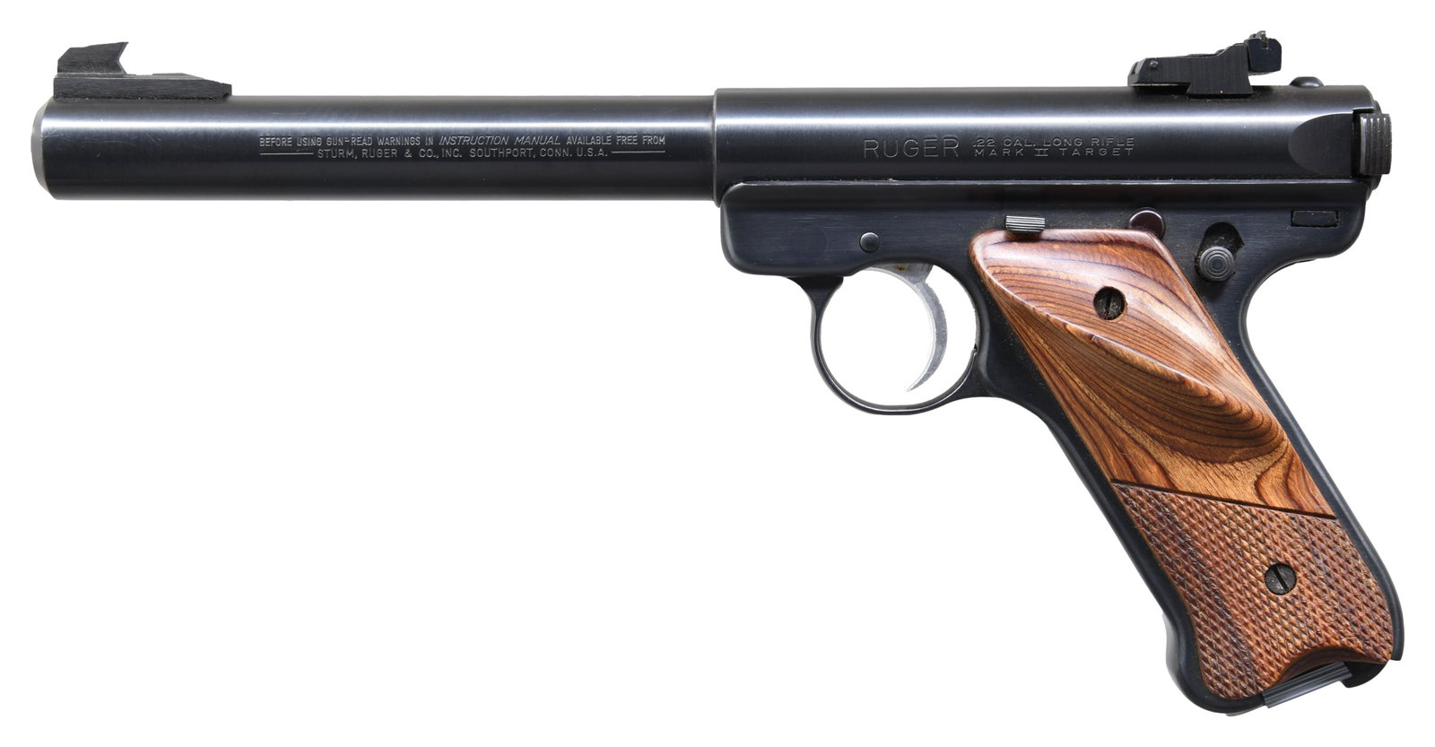 RUGER MARK II GOVERNMENT TARGET SEMI-AUTO PISTOL.: Cal. 22 LR. S# 210-28608. Bbl. 6 7/8" bull with screw attached ramped base undercut target blade plus receiver mounted factory adjustable rear sight. Mfg. 1987 (1982-2005) as Model 00145 with catalog