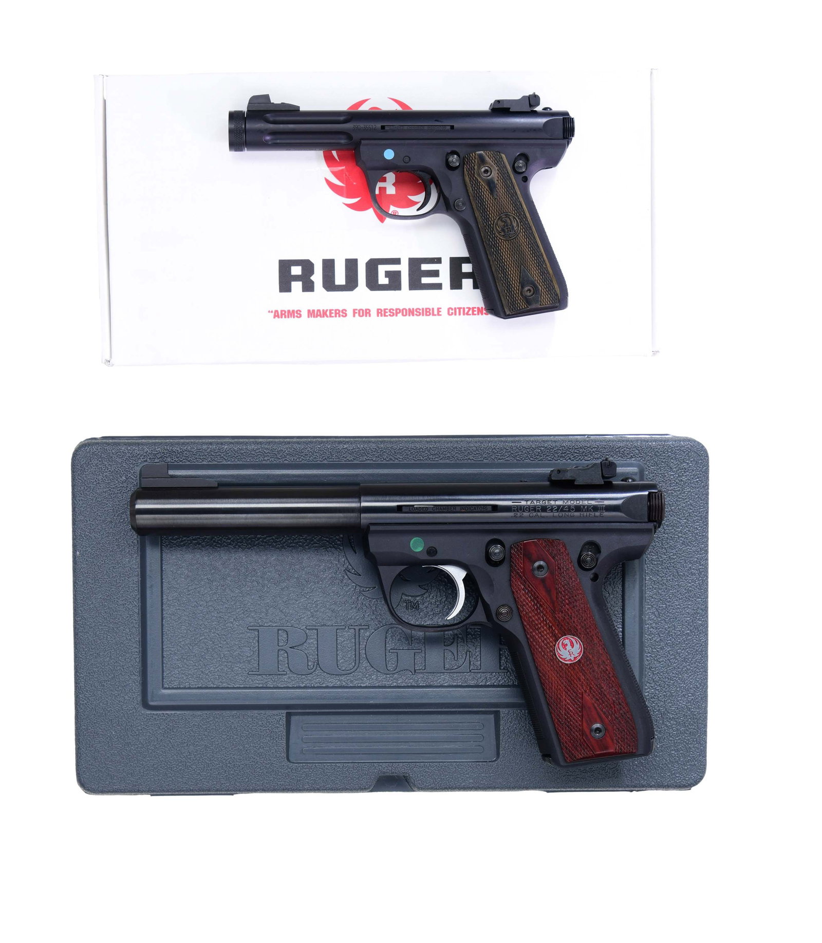 2 RUGER MARK III 22/45 SEMI AUTO PISTOLS.: 1) MARK III 22/45 LITE WITH MATCHING NUMBERED BOX. Cal. 22 LR S# 390-35512. Mfg. 2013 as Model 03903 & Catalog No. P45MK3ALRPFL. Blued finish with 4.5" fluted, threaded barrel. Black polymer checkered