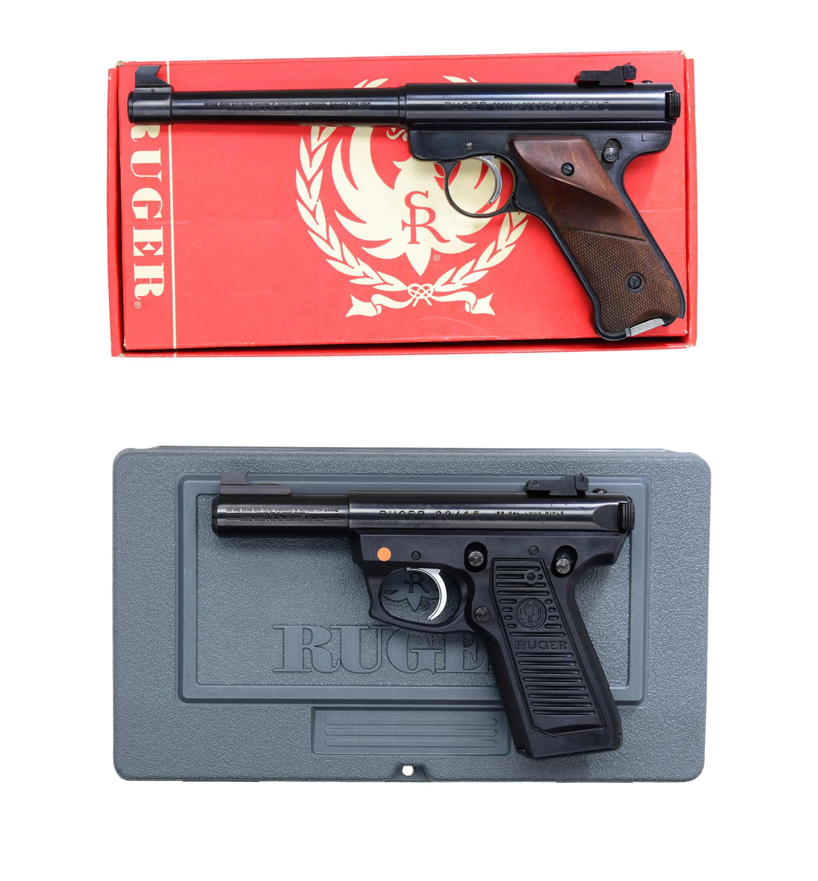 RUGER MARK I & MARK II 22/45 SEMI AUTO TARGET: PISTOLS. 1) MARK I TARGET WITH MATCHING BOX. Cal. 22 LR S# 15-42561. Mfg. 1979 as Catalog No. T-678. Blued finish. Bbl. 6.875". Checkered walnut grips with thumb rest on left panel & Ruger medallion o