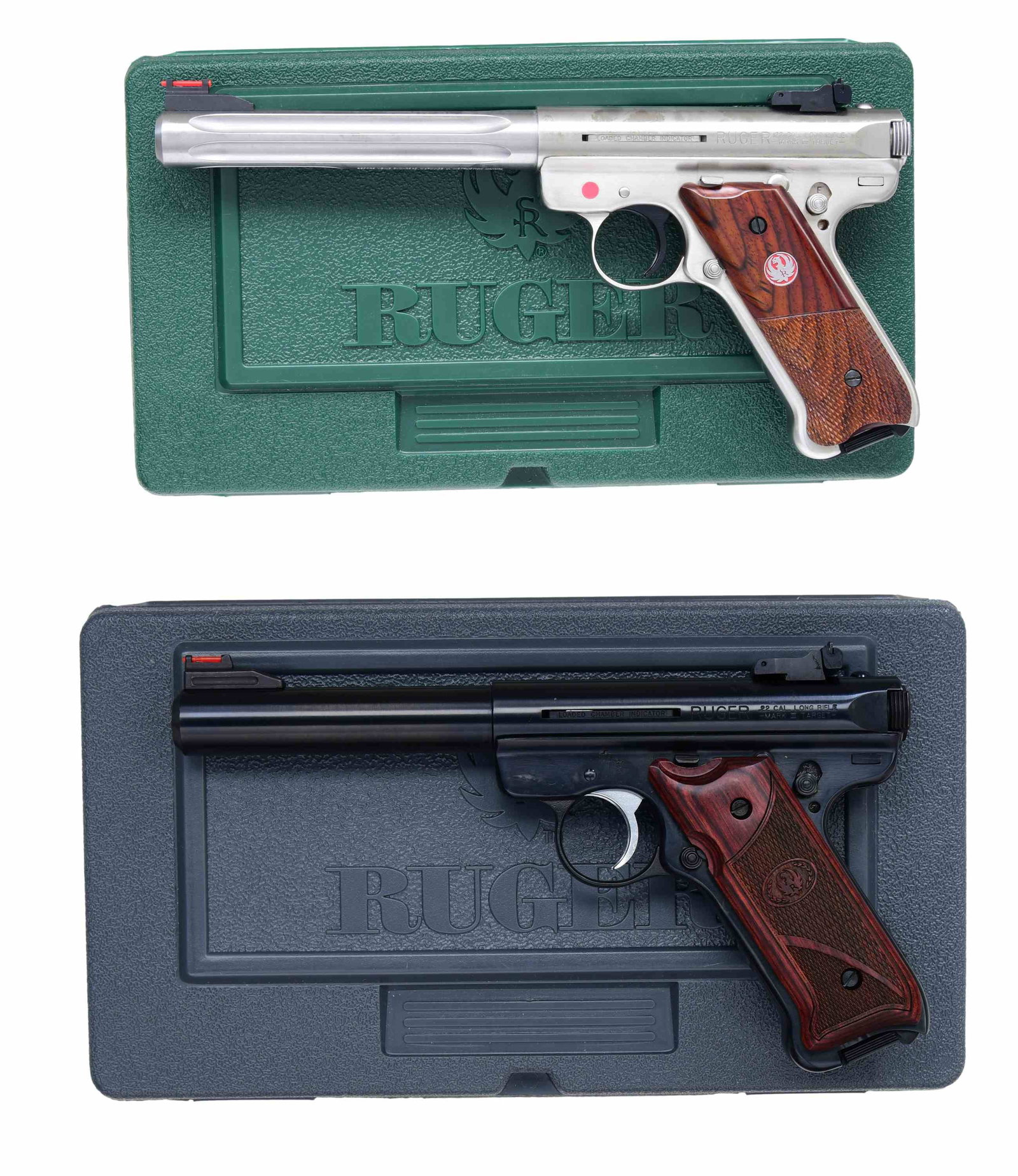 2 RUGER MARK III TARGET SEMI AUTO PISTOLS.: 1) HUNTER TARGET WITH MATCHING BOX. Cal. 22 LR. S# 229-01124. Mfg. 2004 as Model 10118 / Catalog No. KMKIII678H. Stainless finish. Bbl. 6.88" fluted. Hi-Viz sights. Checkered Cocobolo with red Ruger m