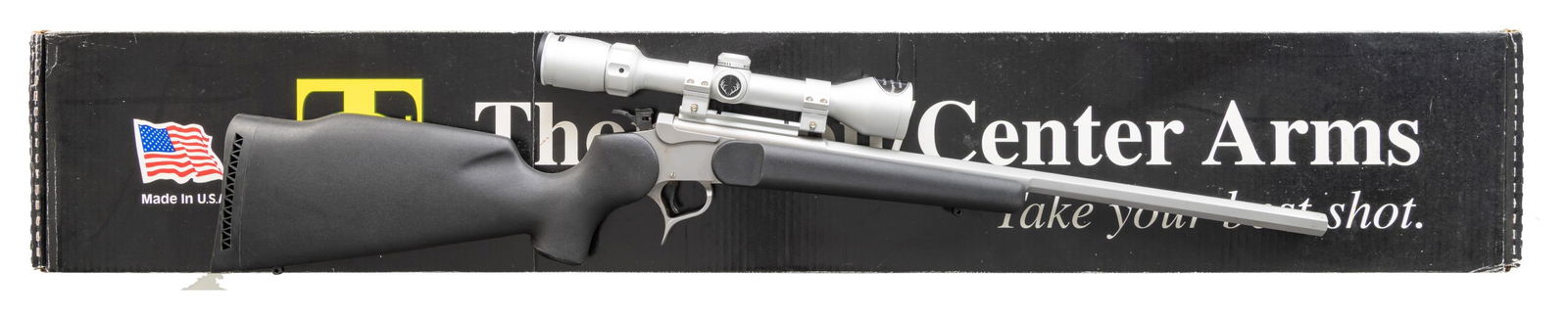 THOMPSON CENTER STAINLESS G2 CONTENDER SINGLE SHOT: RIFLE. Cal. 222 Rem. S# SG1022. Bbl. 21" Rochester matte stainless octagon with recessed target crown plus Weaver matte aluminum scope base holding Bushnell matte silver finished 3-9 scope having dupl