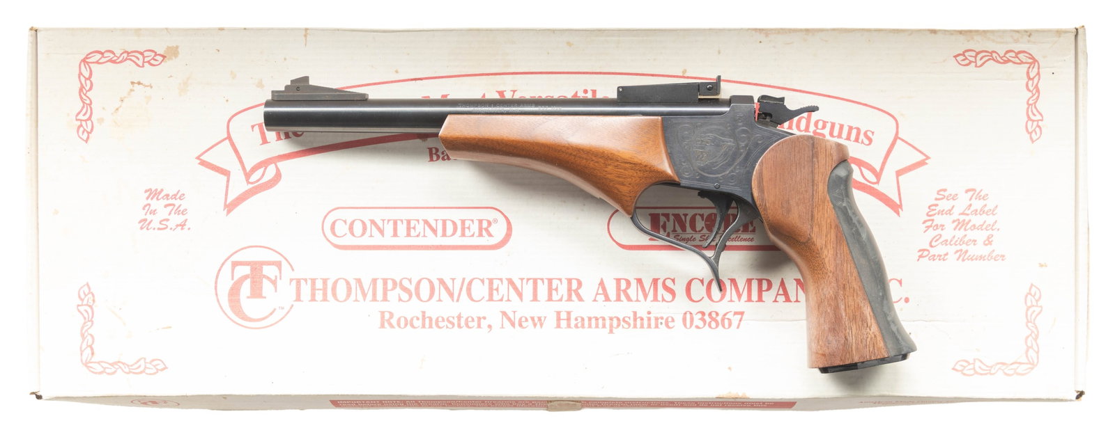 THOMPSON CENTER CONTENDER SINGLE SHOT PISTOL WITH: EXTRA BARREL. Cal. 357 MAG. S# 446761. Bbl. 10" rnd. bull with screw attached adjustable sight set; Rochester marked. Mfg. near end of NH production; about late 1990's with blued finish. Pumas on