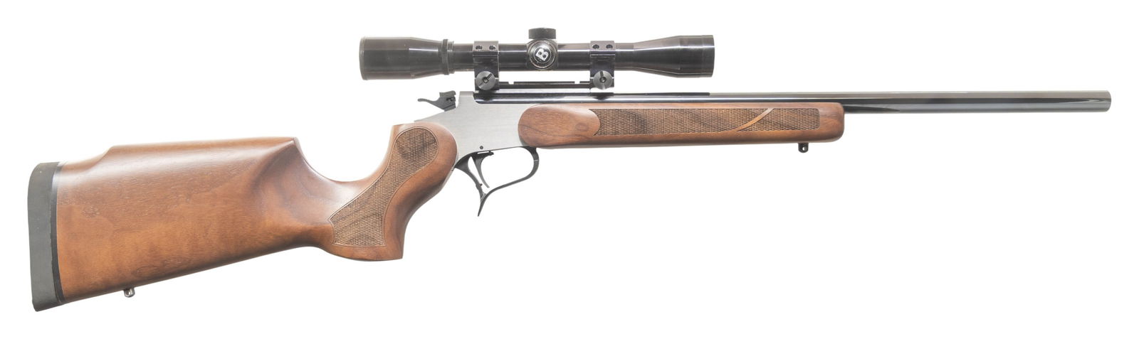 SSK FIREARMS 256 WIN. MAG. MODEL SSK-50 SINGLE: SHOT RIFLE. Cal. 22 LR. S# 1438. Fitted with gloss blued T/C Custom Shop (Rochester marked) 21" heavy sporter barrel having recessed target crown plus Weaver scope base holding gloss black Bushnell