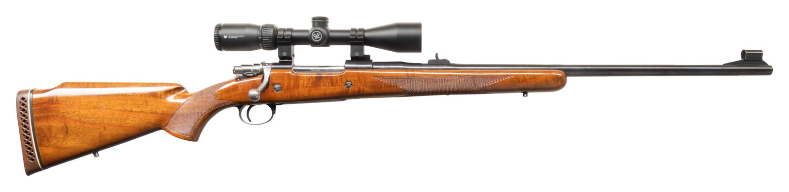 338 WIN. MAG. BELGIAN BROWNING HIGH-POWER SAFARI: GRADE BOLT ACTION RIFLE. Cal. 338 Win. Mag. S# 8L482906. Mfg. 1968. Bbl. 24. Hooded blade front sight & folding rear sight. Vortex Crossfire 3-9x40 scope on tall rings. Push feed action w/ hinged floo