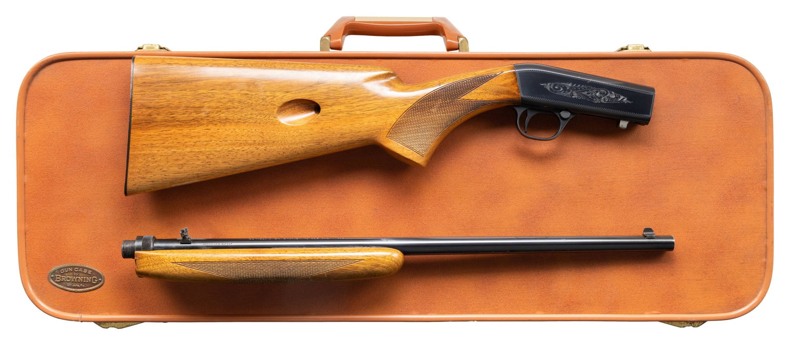 BELGIAN BROWNING SA-22 SEMI-AUTOMATIC RIFLE WITH: FACTORY CASE. Cal. 22 LR. S# 7T63332. Bbl. 19 3/8". SA-22 semi-automatic rifle mfg. in Belgium by Fabrique Nationale and imported/retailed by Browning Arms Company in 1967. Top of the rnd. bbl. is mar