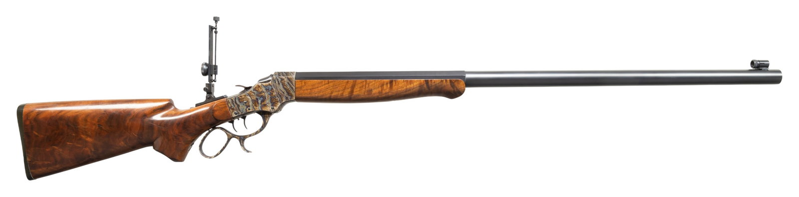 CPA RIFLES MODEL 44-1/2 SILHOUETTE FALLING BLOCK: RIFLE. Cal. 45-70. S# 1051. Bbl. 32" octagon (12") to slightly tapered (1.110" to 1.008") round (20") with Lyman #17 globe front sight; Soule style (unknown maker) long range rear sight (very similar