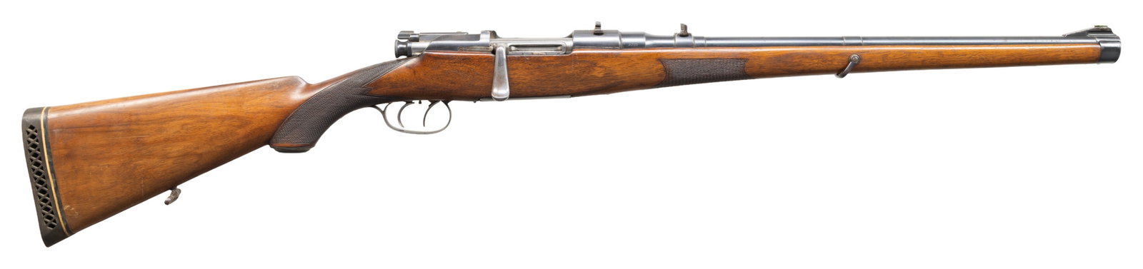 MANNLICHER SCHOENAUER MODEL 1910 BOLT ACTION: RIFLE. Cal. 9.5 x 57. S# 2335. Bbl 20" ramp mounted German silver peep front with a bbl band mounted rear sight having one standing and one folding leaf. Front receiver ring has an added dovetail moun