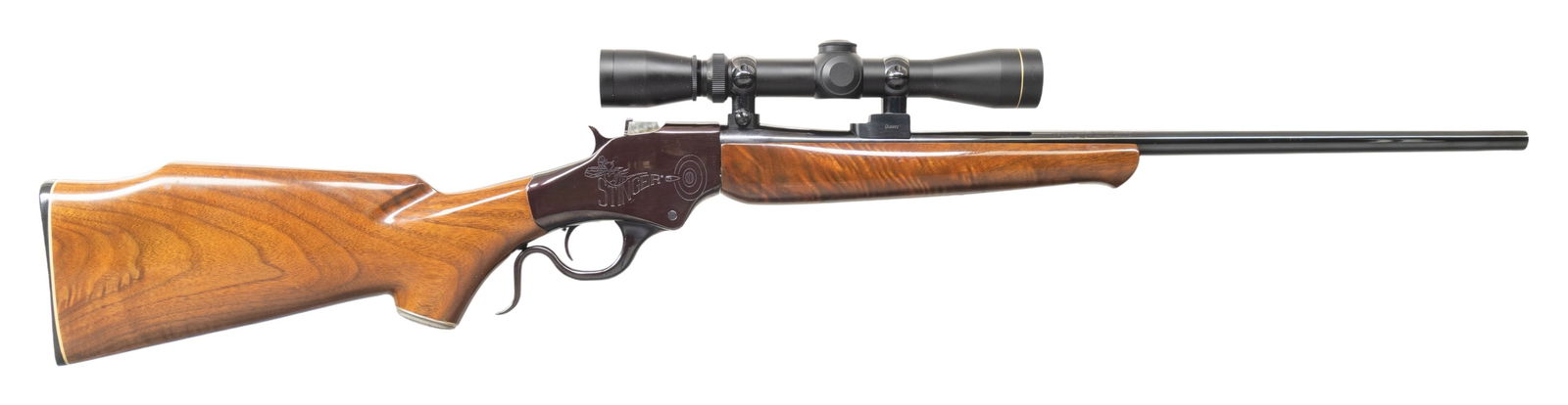 WICKLIFFE 76 STINGER FALLING BLOCK RIFLE.: Cal. 223 Rem. S# 01838. Bbl. 22" sporter weight without provision for iron sights; made by E. R. Shaw with "76" in a liberty bell on left side below stock line. Mfg. 1976-1979 by SSS Development Co. I