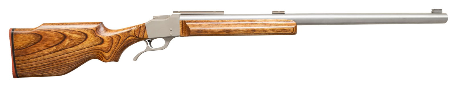 MILLER ARMS OF ST. ONGE, SD FALLING BLOCK RIFLE.: Cal. 32 Miller Short. S# 392. This custom grade rifle has C.D. Miller 29.75" bull bbl. w/ target crown & 3 scope blocks. Matte stainless finish. Laminated stock set with target wide beavertail forearm