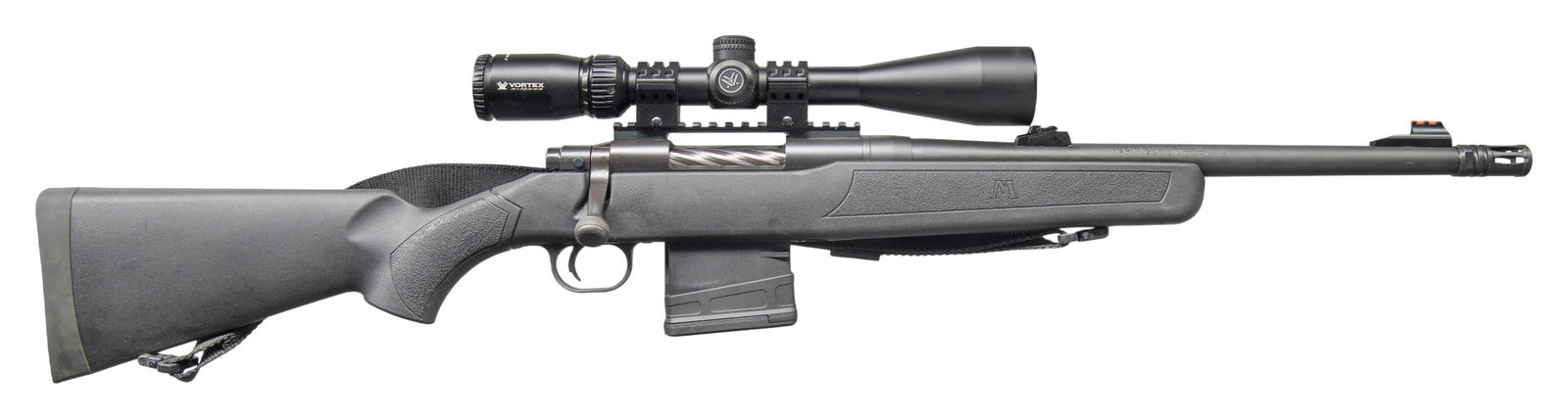 MOSSBERG MVP PATROL BOLT ACTION RIFLE.: Cal. 7.62 NATO. S# MVP089915. Bbl. 16" with A2 style flash hider. Fiber optic front sight. No rear iron sight present. Receiver mounted Vortex Crossfire II 4-12x44 scope. Scope has bikini cover,