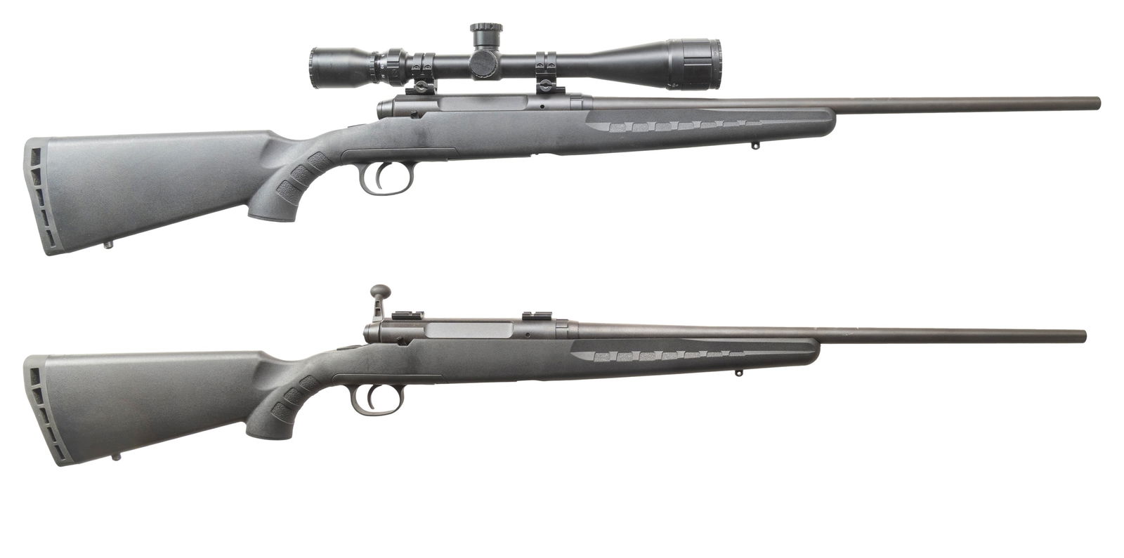 2 LEFT HAND SAVAGE AXIS BOLT ACTION RIFLES.: ALL: Bbls. 22". Matte black finish. Black synthetic stocks.1) CAL. 223 REM. S# H721149. BSA Sweet 223 6-18x40, AO, duplex scope. MAGS: 1 - 4 rd. (25-5961/MD).2) CAL. 308 WIN. S# H774348. MAGS: 1 - 3