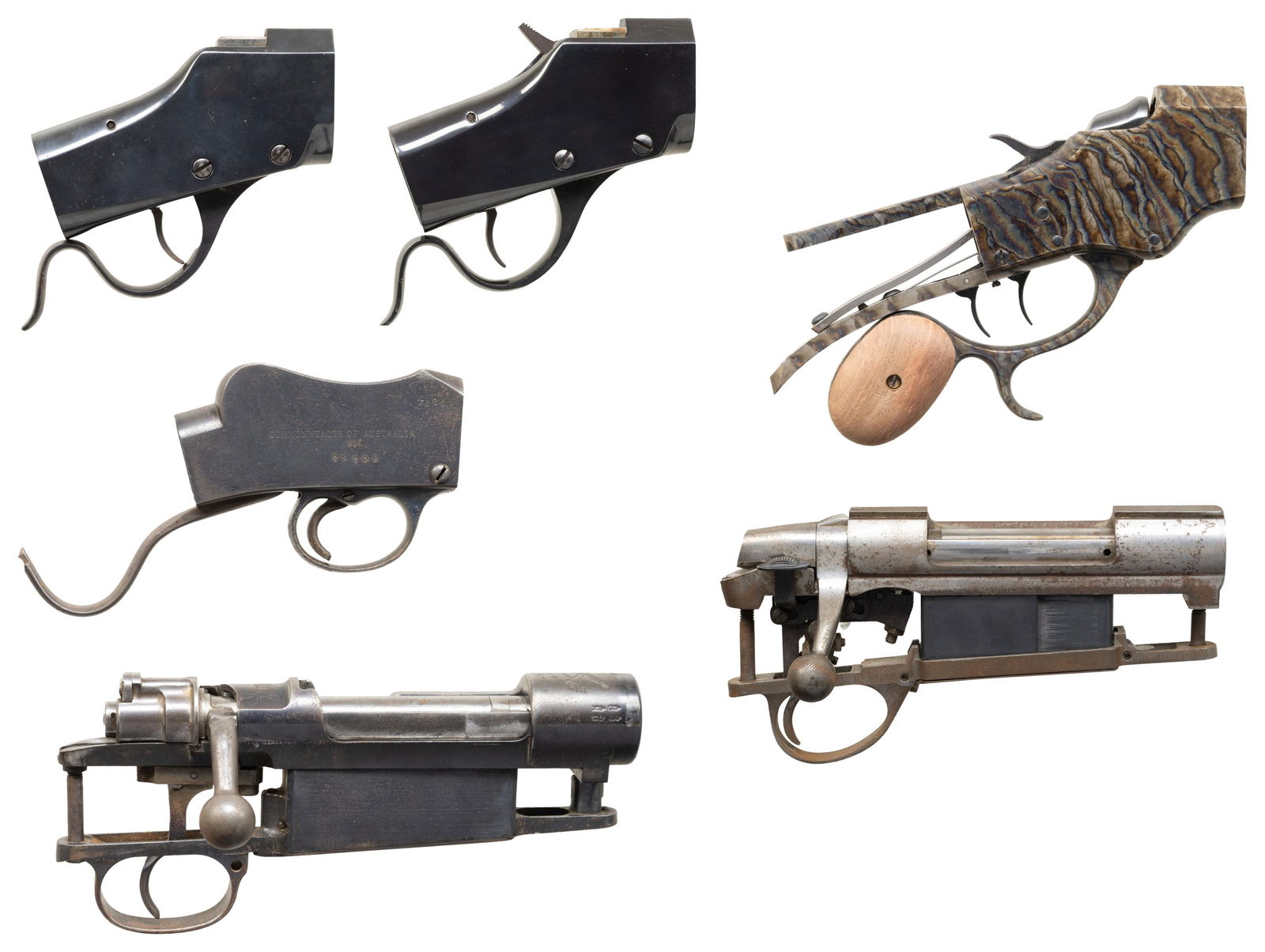 4 SINGLE SHOT & 2 BOLT ACTIONS.: 1) Falling Block Works of Haybee, Michigan Action Only. S# J794. Falling block action with incomplete breech block assembly. CONDITION: Good custom blue with scratches. (25-6638/MD).2) Falling Block