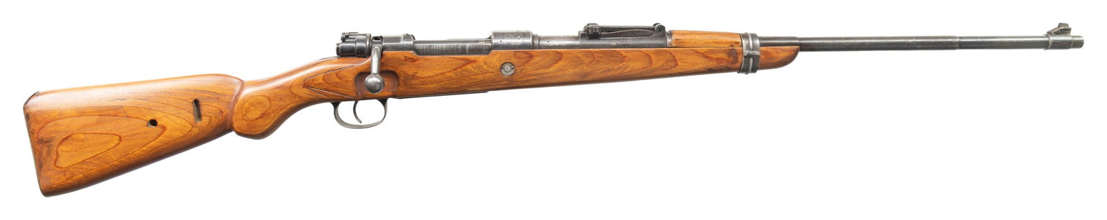 SPORTERIZED BCD K98K BOLT ACTION RIFLE.: Cal. 8x57 (8mm Mauser). S# 9633V. Bbl. 23 1/2". Blade front sight without hood. Tangent rear sight graduated to 2000m. Matching numbers on bbl., band, floorplate & bolt parts. Receiver ring has bcd4