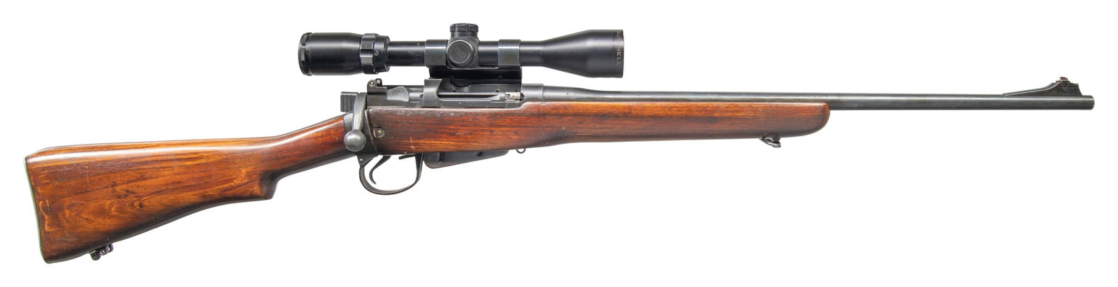 SPORTERIZED LONG BRANCH NO. 4 MKI* BOLT ACTION: RIFLE. Cal. 303 Brit. S# 48L0213. Bbl. 21 3/4". Parker Hale ramped blade front sight with added white paint. No rear iron sight present. Receiver mounted Bushnell Banner 3-9x power scope. Scope has du